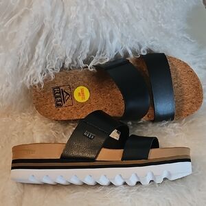 Reef Black Cork Cushion Vista Hi Sandals NWOT